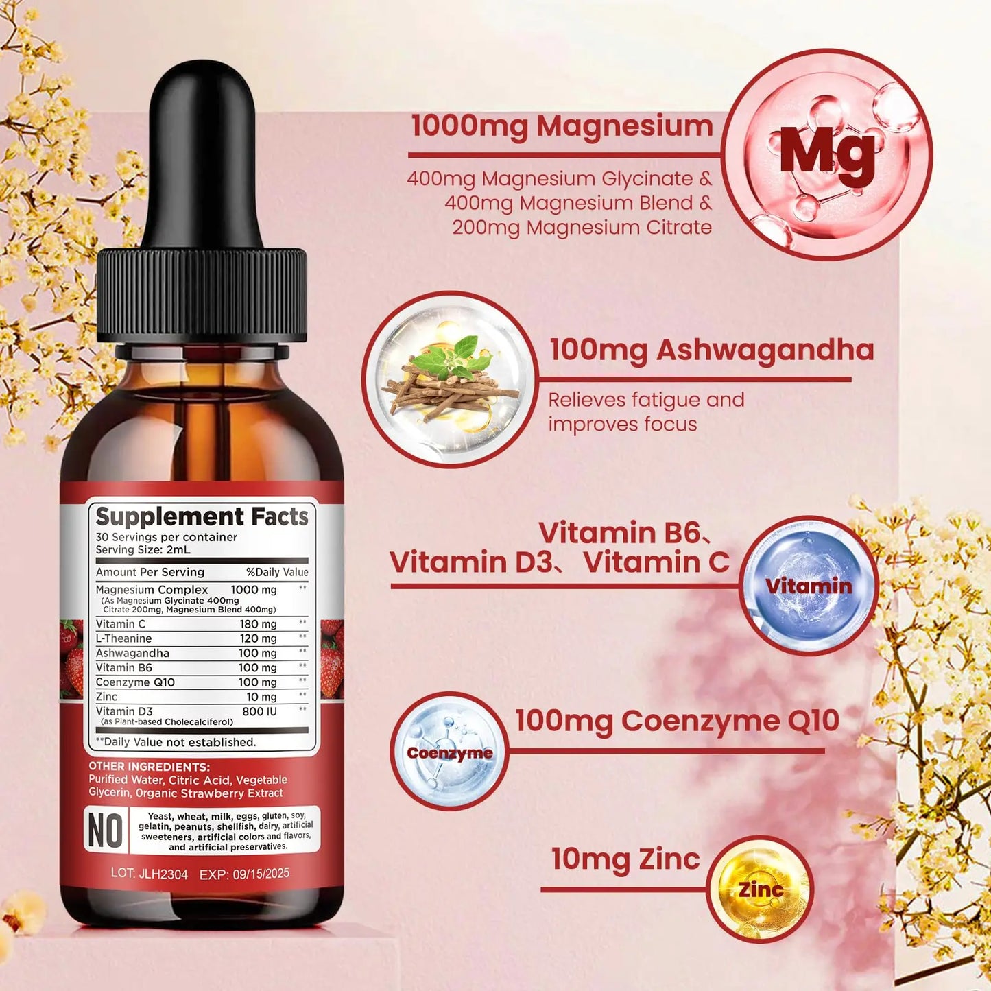 Liquid Ashwagandha Magnesium Citrate Supplement Drops Oral Dosage with Calcium Zinc Vitamin D3 B6 B12 CoQ10 Potassium Magnesium