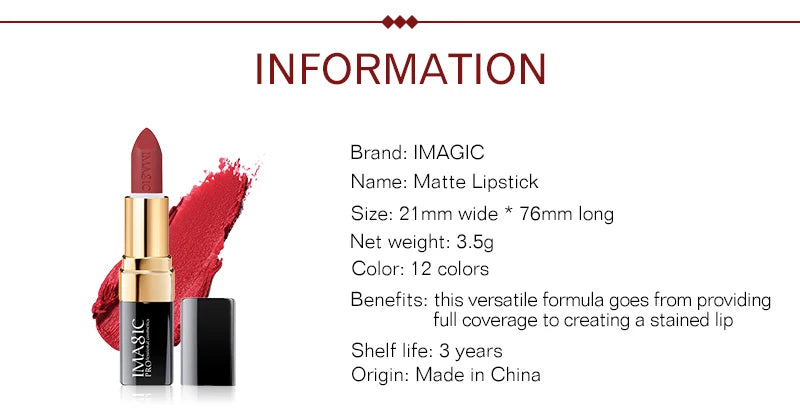 IMAGIC Lipstick Moisturizer Lips Smooth Lip Stick Long Lasting Charming Lip Lipstick Cosmetic Beauty Makeup 12 Colors