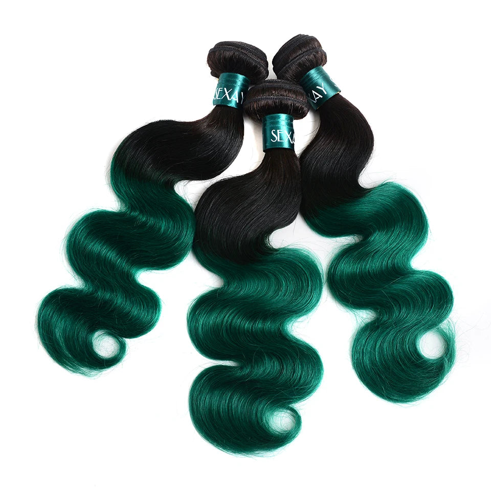 Ombre Green Bundles With Frontal Brazilian Body Wave Turquoise Color Human Hair Weave 3 Pcs With 13x4 Transaparent Lace Frontal