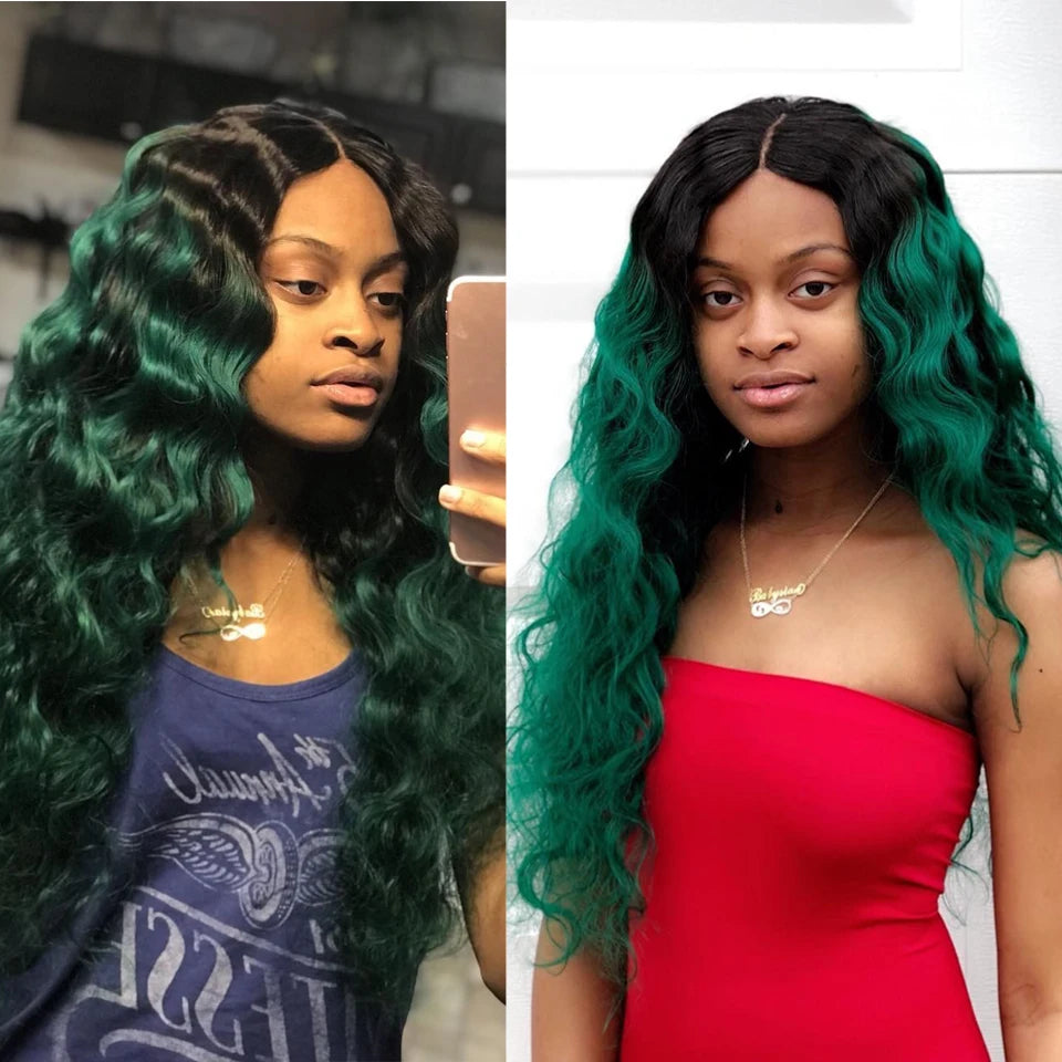 Ombre Green Bundles With Frontal Brazilian Body Wave Turquoise Color Human Hair Weave 3 Pcs With 13x4 Transaparent Lace Frontal