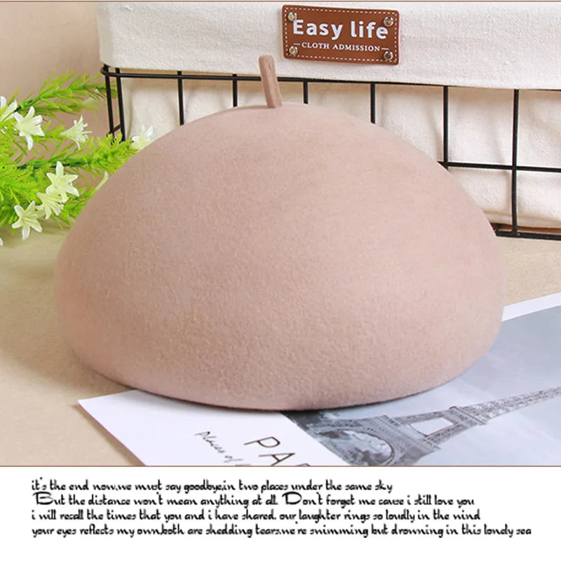 100% Wool Felt Winter Beret Solid Warmer Women Beanies Cap Classical French Style Beret Femme Beanies Cap Ladies Fascinator Hat