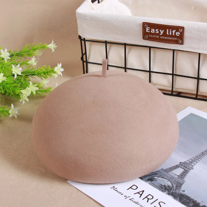 100% Wool Felt Winter Beret Solid Warmer Women Beanies Cap Classical French Style Beret Femme Beanies Cap Ladies Fascinator Hat