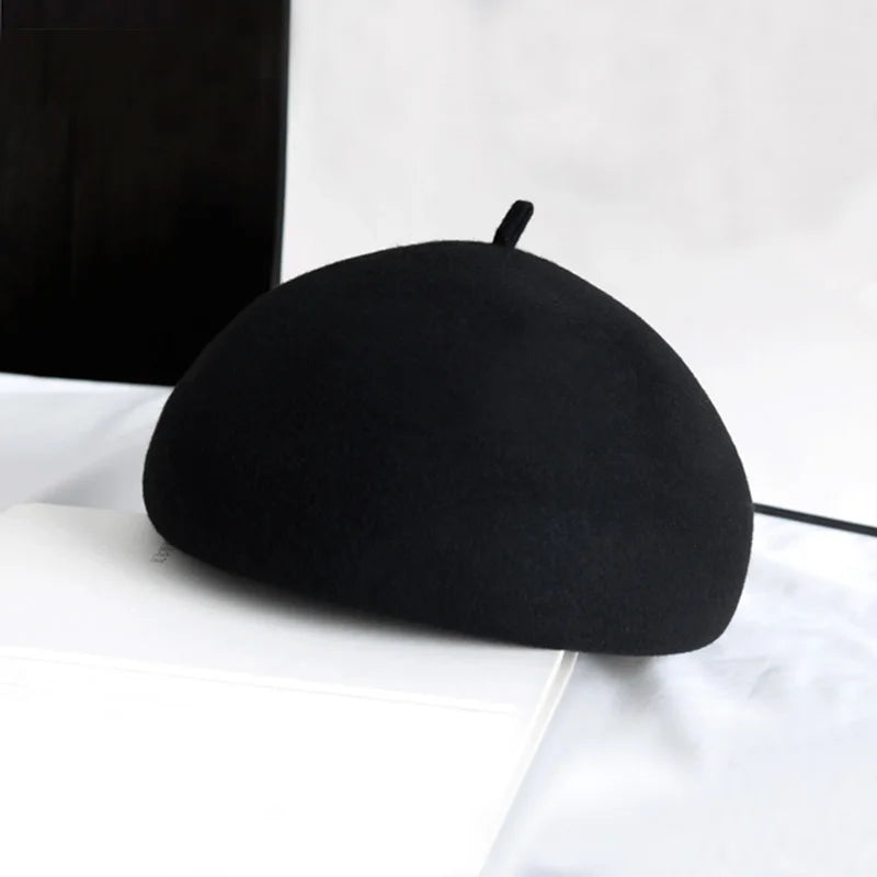 100% Wool Felt Winter Beret Solid Warmer Women Beanies Cap Classical French Style Beret Femme Beanies Cap Ladies Fascinator Hat
