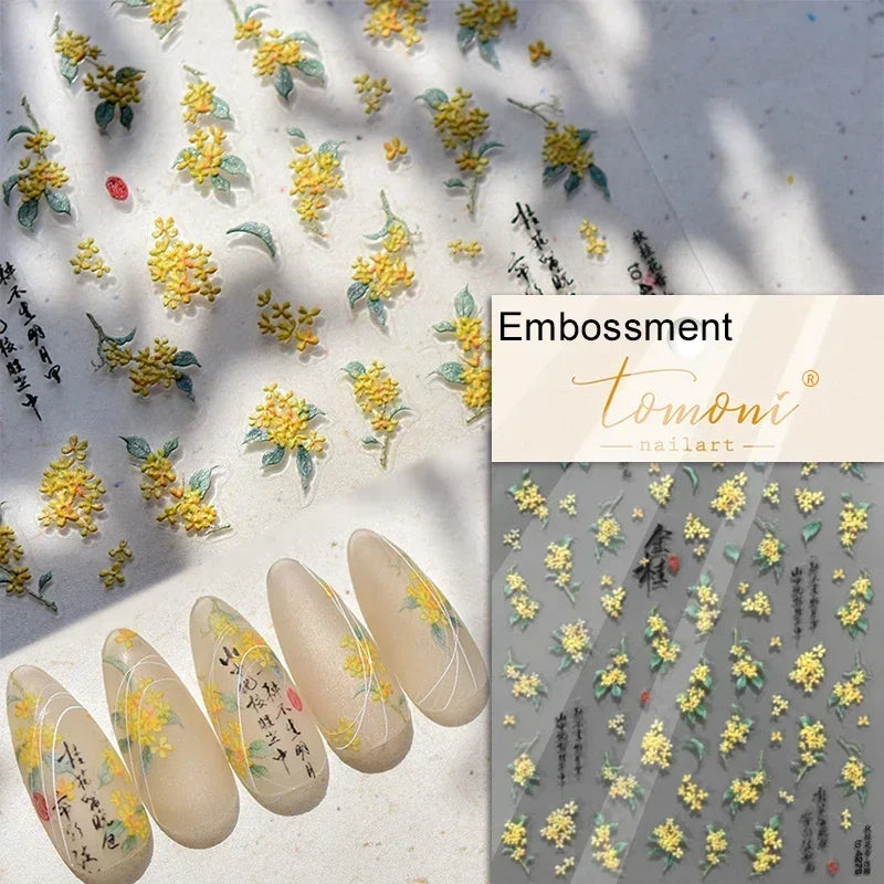 Yellow Autumn Osmanthus Flower Chrysanthemum Butterfly 5D Nail Art Sticker Chinese Character Vase Relief Adhesive Manicure Decal