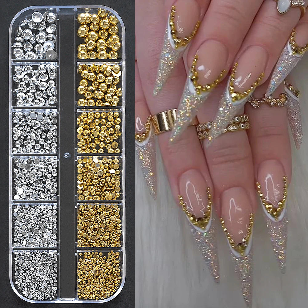 12 Grids 3D Golden Silvery Half Round Caviar Bead Nail Charms 1-5mm Flatback Micro Balls Punk Nail Beads DIY Manicure Beads Deco