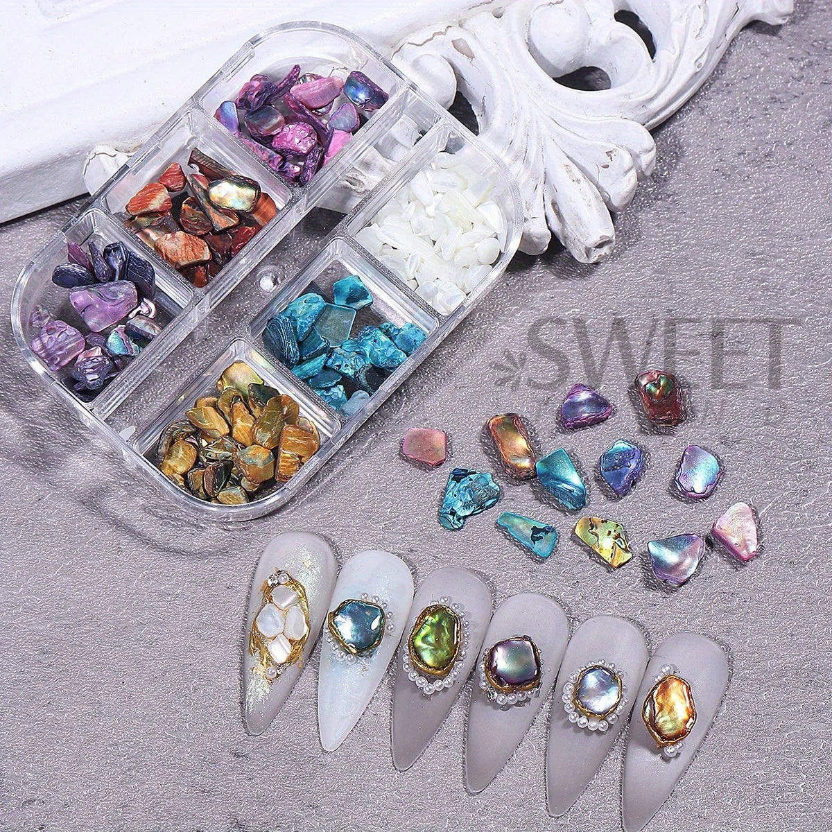 6Grids Natural Abalone Stone Nail Decoration Aurora Shell Pearl Effect Irregular Gemstone Luxury Retro Style Jewelry Accessories