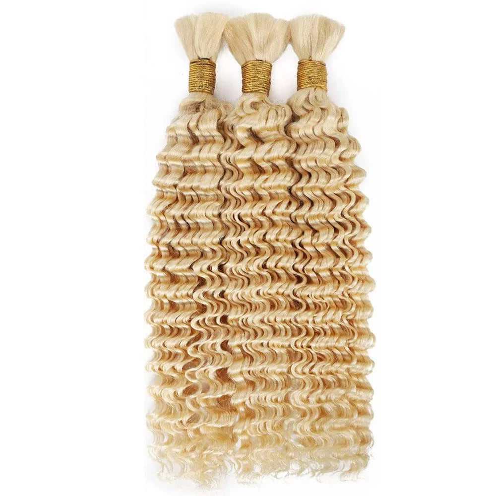 Blonde Human Braiding Hair for Boho Braids Highlights No Weft Virgin Brazilian Curly Deep Wave Bulk Hair Extensions for Braiding