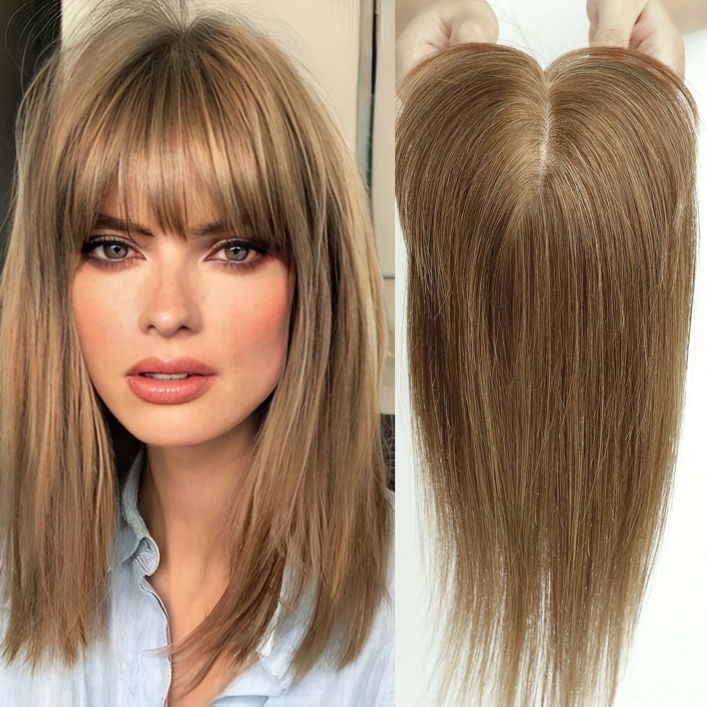 Brown Blonde Ombre 14 Inch Silk Base Human Hair Topper Remy Hair Clip In Top Piece for Women with Bangs Extensions for Thinning