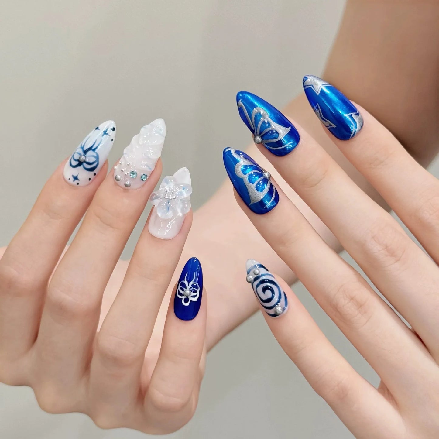 Handmade Press on Nails Blue Island Butterfly False Nails Wearable 3D Flower Decor Long Carved Almond Spice Girls Fake Nail Tips