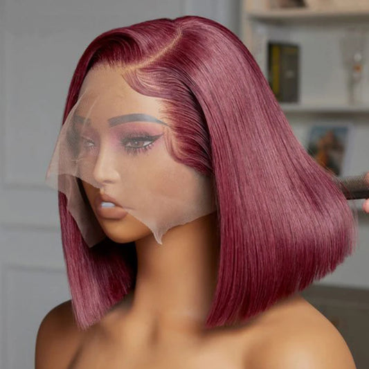 Bone Straight Short Bob Wig Human Hair Wigs For Women Burgundy 13X4 Lace Front Wigs 99J Bob Wig Brazilian Human Hair Pre Plucked