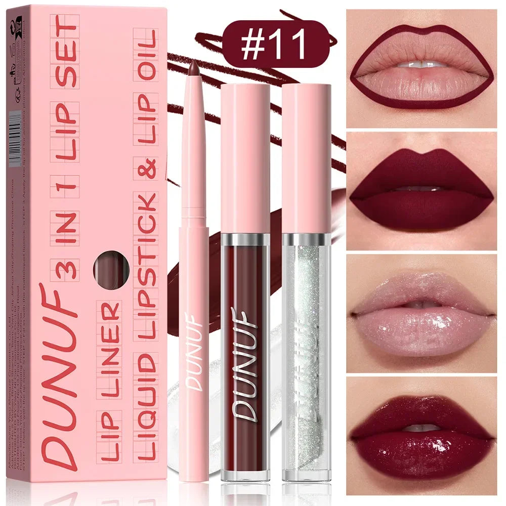 DUNUF 3 In 1 Matte Lipglaze Lip Liner Moisturize Clear Lip Oil Set Cosmetics Waterproof Long lasting Plumer Mirror Lips Gloss