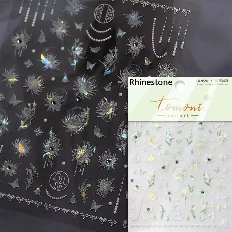 Yellow Autumn Osmanthus Flower Chrysanthemum Butterfly 5D Nail Art Sticker Chinese Character Vase Relief Adhesive Manicure Decal