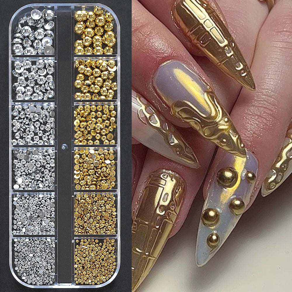 12 Grids 3D Golden Silvery Half Round Caviar Bead Nail Charms 1-5mm Flatback Micro Balls Punk Nail Beads DIY Manicure Beads Deco