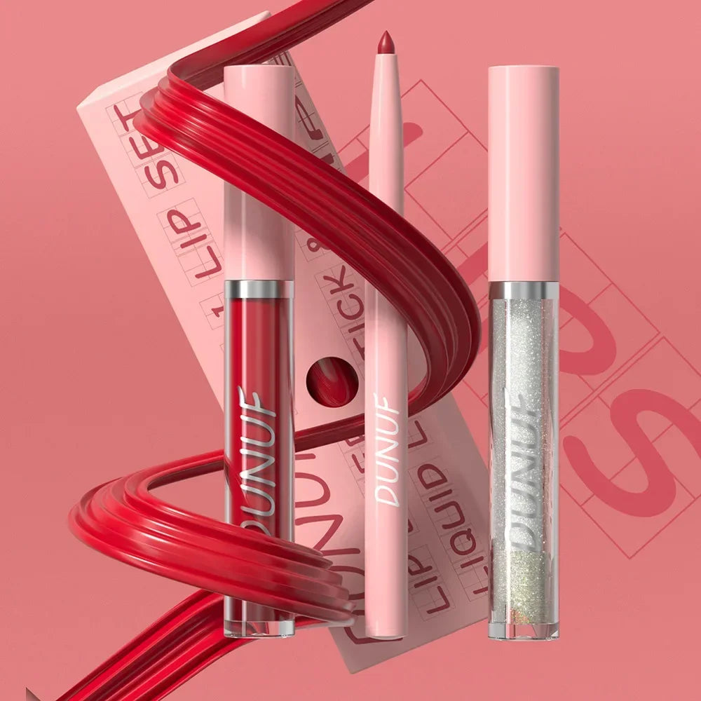 DUNUF 3 In 1 Matte Lipglaze Lip Liner Moisturize Clear Lip Oil Set Cosmetics Waterproof Long lasting Plumer Mirror Lips Gloss