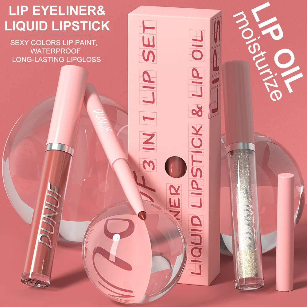 DUNUF 3 In 1 Matte Lipglaze Lip Liner Moisturize Clear Lip Oil Set Cosmetics Waterproof Long lasting Plumer Mirror Lips Gloss