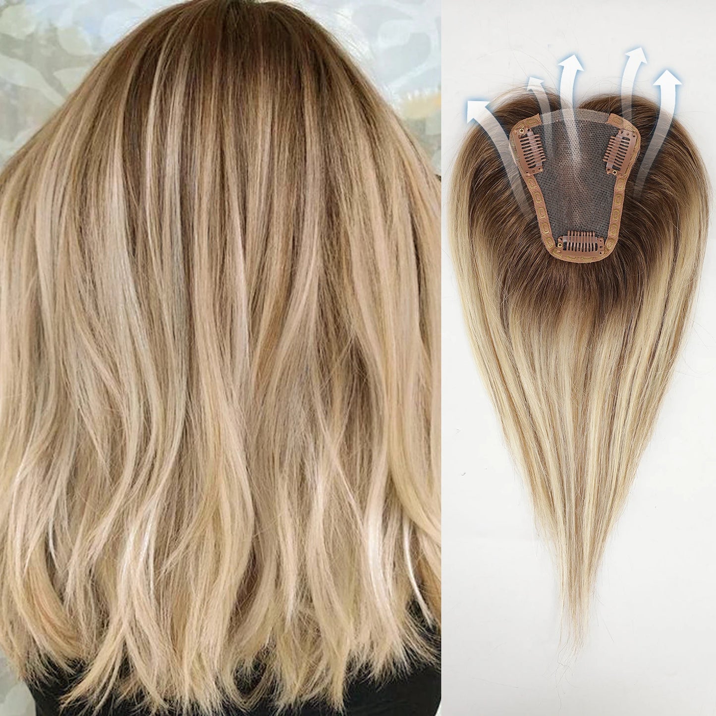 Women Human Hair Toppers Middle Part Ombre Light Brown Blonde Human Toupee Hair Pieces with Thinning Hair Base Clip in Toppers