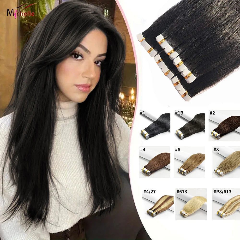 Straight Tape In Hair Extensions Skin Weft Tape In Hair Extension 20Pcs 50G/Pack Adhesive Invisible 100% Real Human Hair Tape In