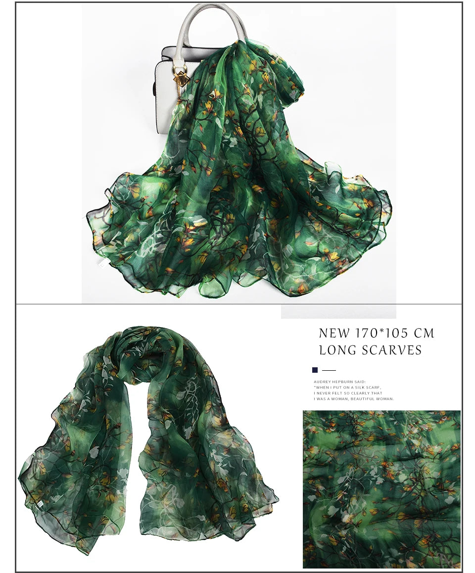 [BYSIFA] Red Black Women Long Silk Scarf Printed 170*105cm Fashion Leaves Pattern Brand 100% Pure Silk Shawl For Spring Autumn