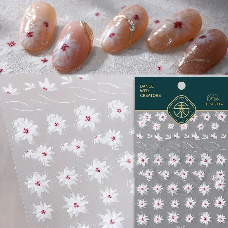 Yellow Autumn Osmanthus Flower Chrysanthemum Butterfly 5D Nail Art Sticker Chinese Character Vase Relief Adhesive Manicure Decal