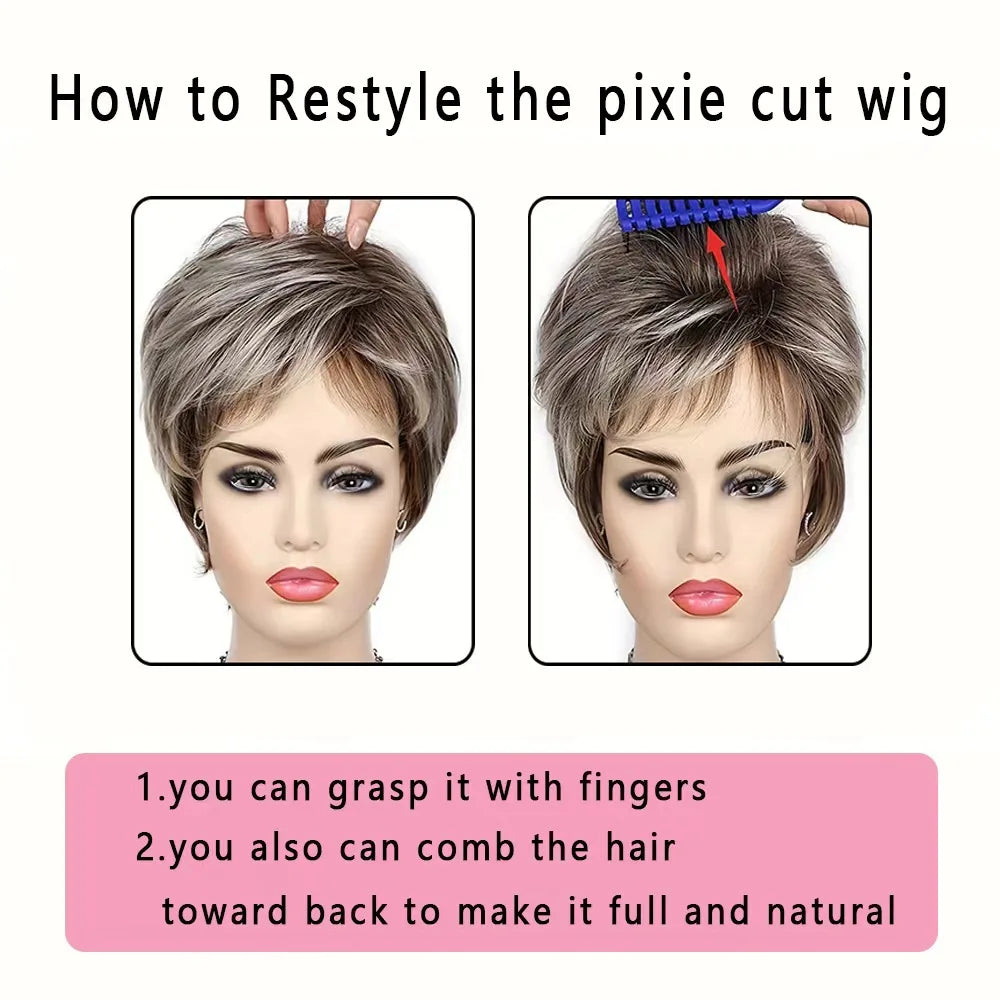 Short Synthetic Wig for Women Mixed Brown And Blonde Hair with Bangs Easy Care Non-Damaging Hairpiece