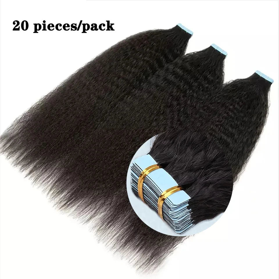 20/40/60pcs Kinky Straight Tape In Hair Extensions Adhesive Invisible Tape In Human Hair Extensions Yaki Straight Brazilian Hair