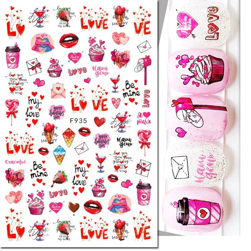 3d Pink Hearts Balloon Valentine Day Love Letters Nail Art Stickers Adhesive Sliders Nail Decals Decoration Manicure Accessories