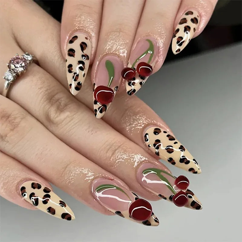 24Pcs Leopard Print Fake Nails Black Bow Press on Long Almond with Rhinestone False Nails Wearable Finished Fingernails Nail Art
