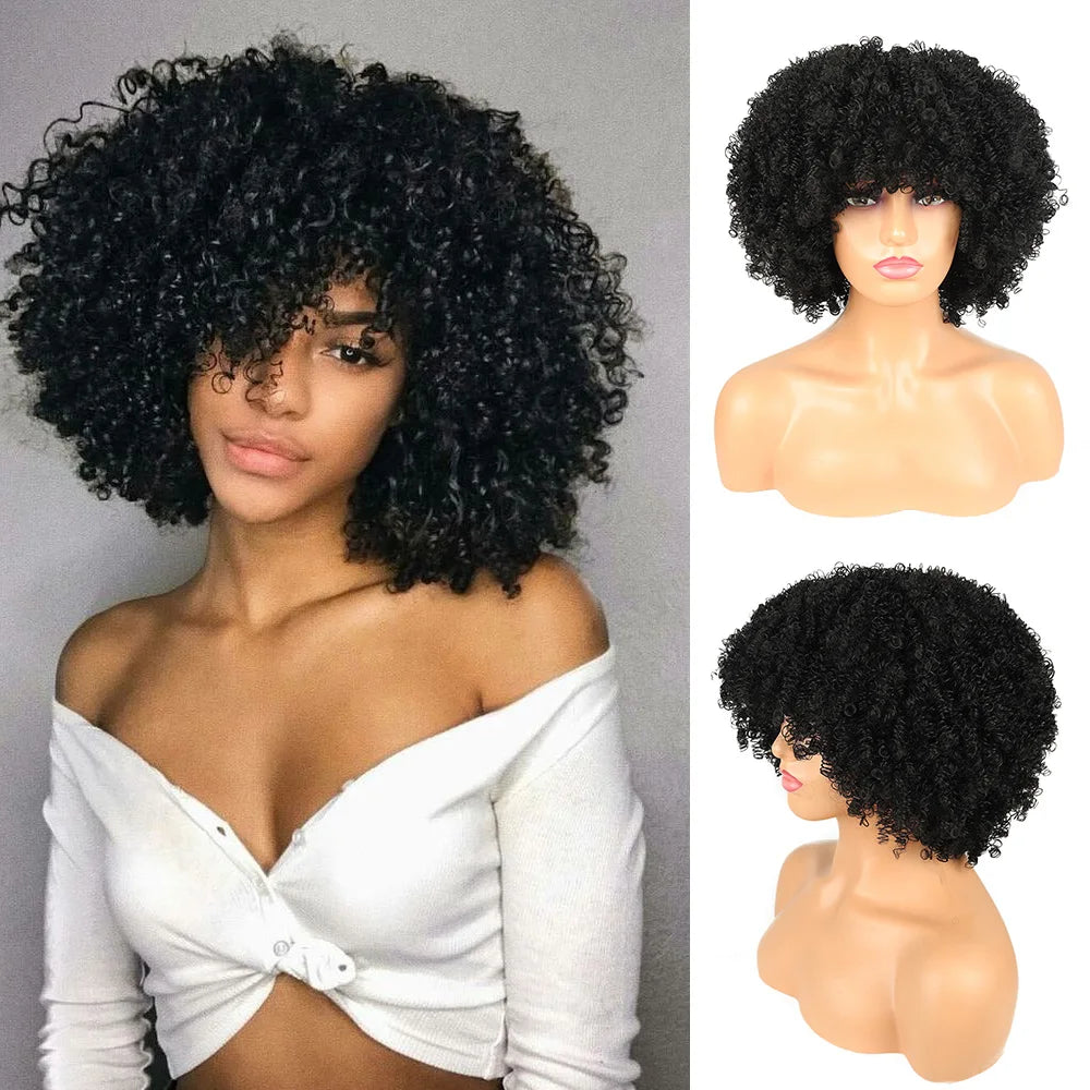 Short Afro Curly Wig with Bangs - Synthetic Natural Curly for Women