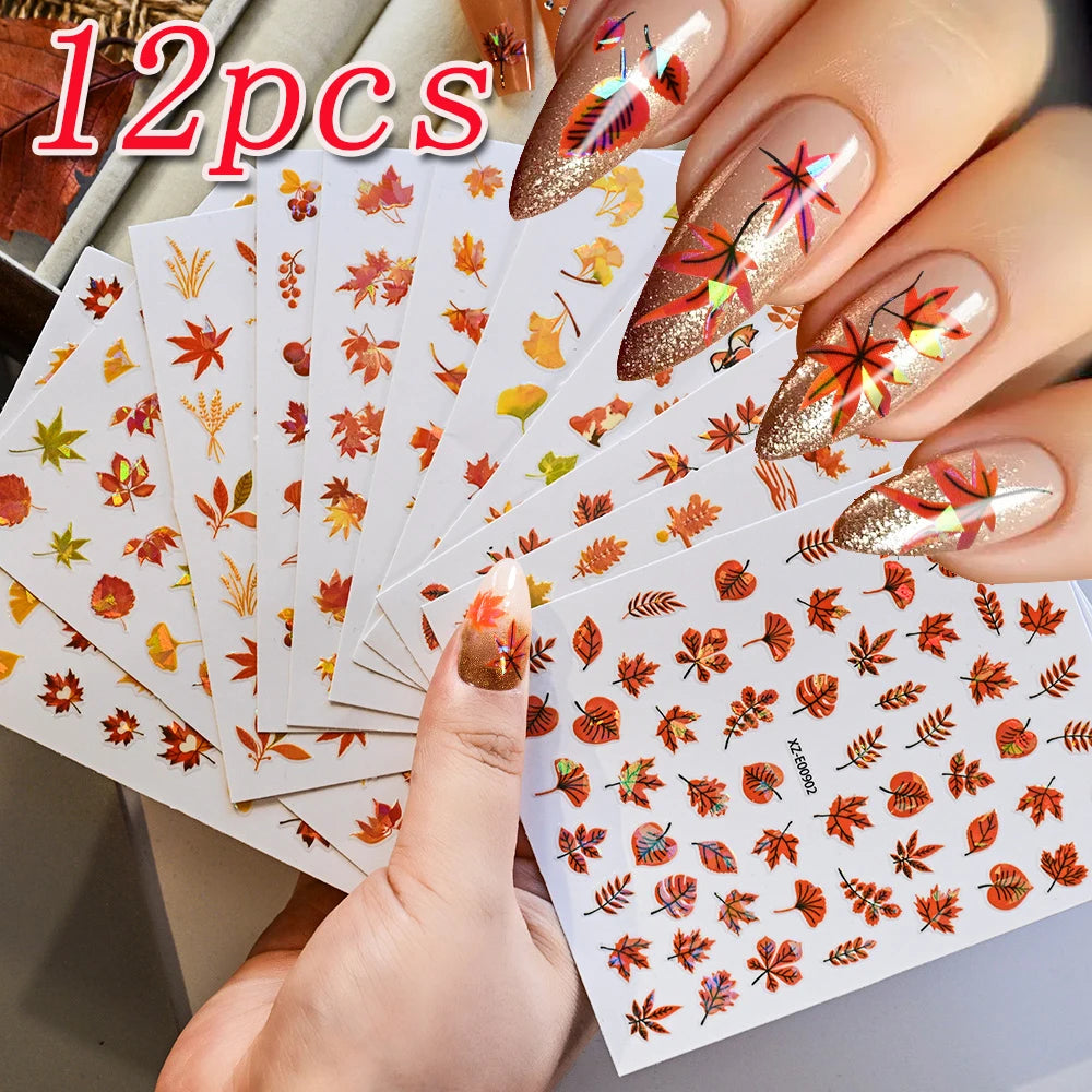 12Pcs Fall Maple Leaf Nail Decals Holographic Laser Maple Leaves Nail Art Sticker Self-Adhesive Thanksgiving Day Nail Decoration