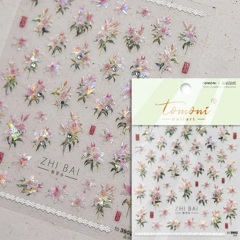 Yellow Autumn Osmanthus Flower Chrysanthemum Butterfly 5D Nail Art Sticker Chinese Character Vase Relief Adhesive Manicure Decal