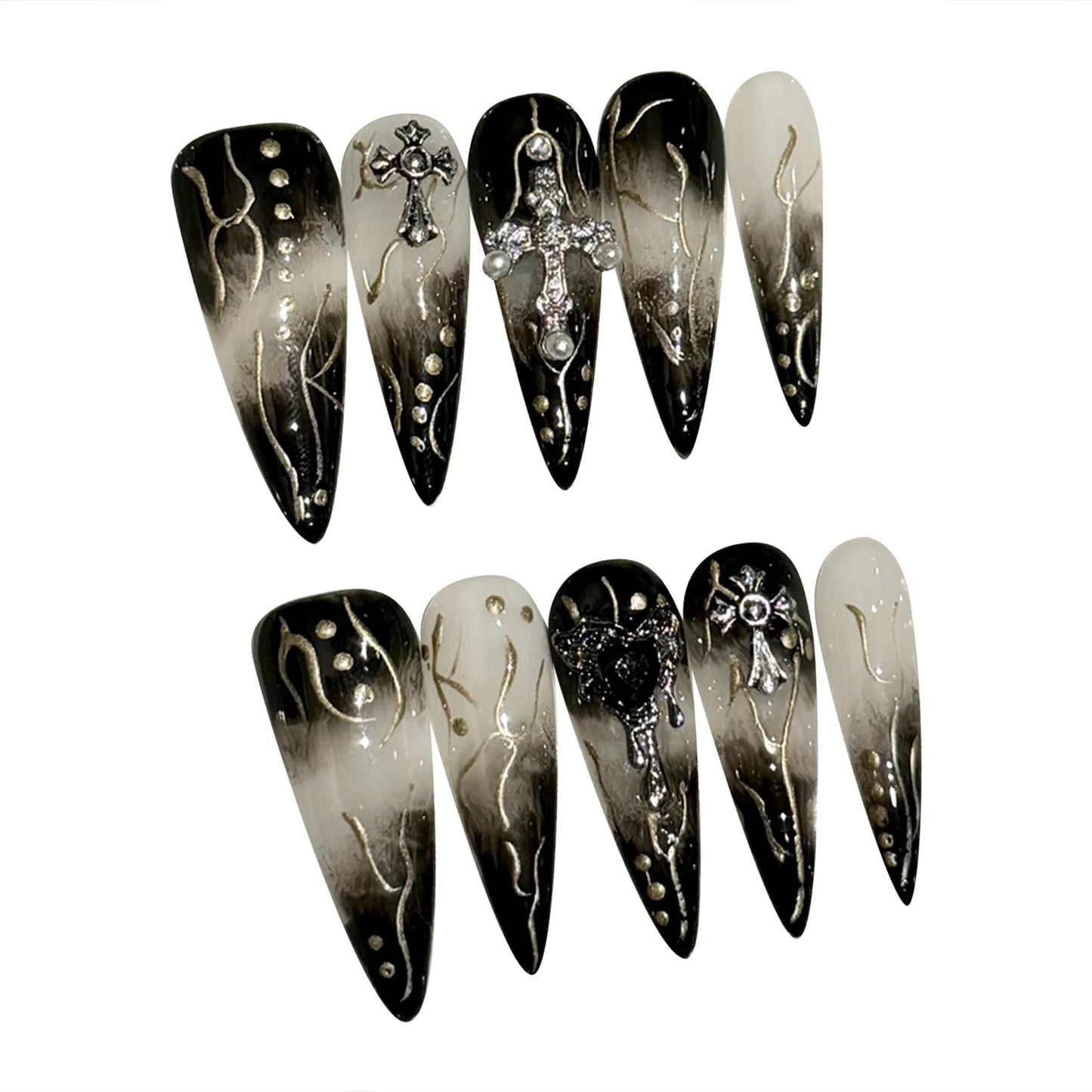 Long Almonds French False Nails Design with Cross Charm Elegant Black Nail Tips for DIY At-Home Manicure