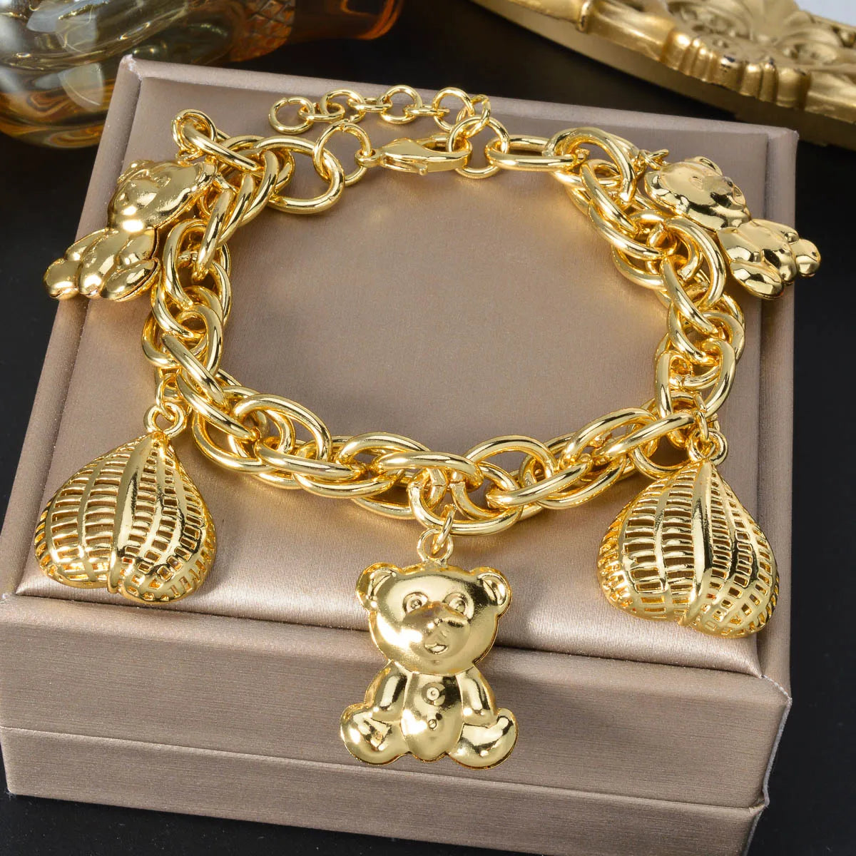 Cute Bear Heart Lock Matching Bracelets Set for Girls Teens Gold Plated Adjustable Bangle Best Friend Gift for Party