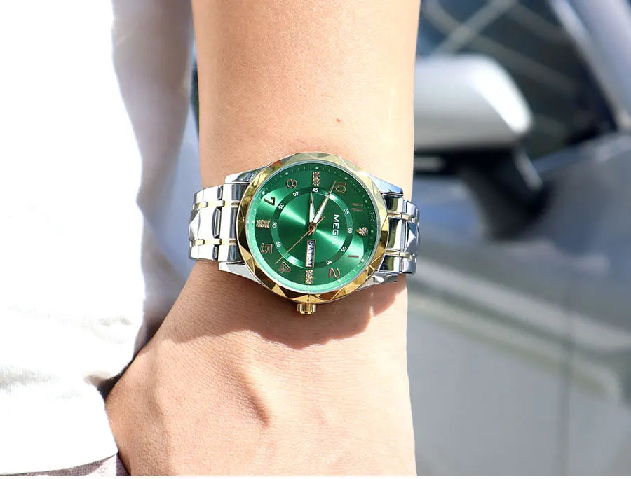 MEGIR Elegant Simple Style Men Quartz Watch with Date Day Display Fashion Stainless Steel Strap Alloy Case Ladies Wristwatch