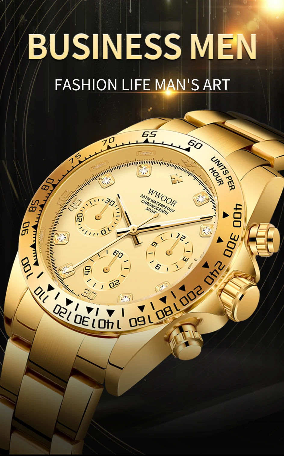 WWOOR 2024 New Mens Watches Top Brand Quartz Japanese Chronograph Stopwatch Waterproof Stainless Wristwatches Relogio Masculino