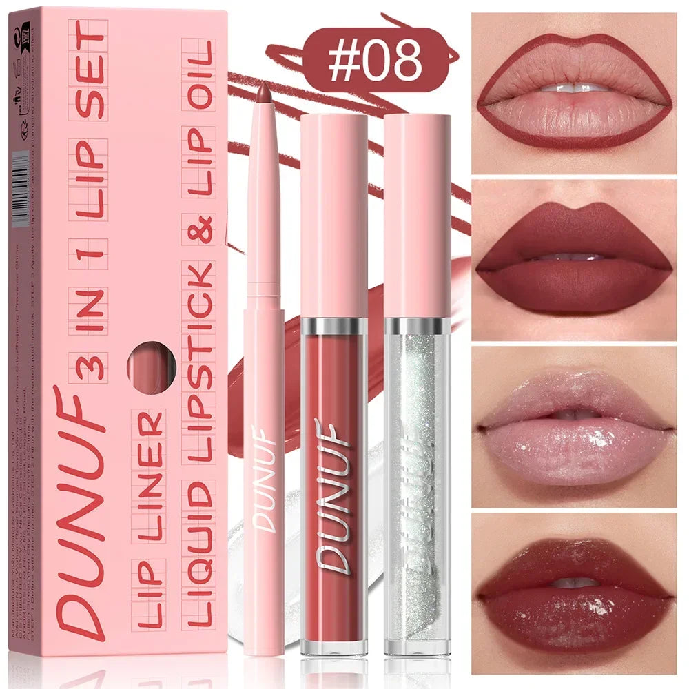 DUNUF 3 In 1 Matte Lipglaze Lip Liner Moisturize Clear Lip Oil Set Cosmetics Waterproof Long lasting Plumer Mirror Lips Gloss