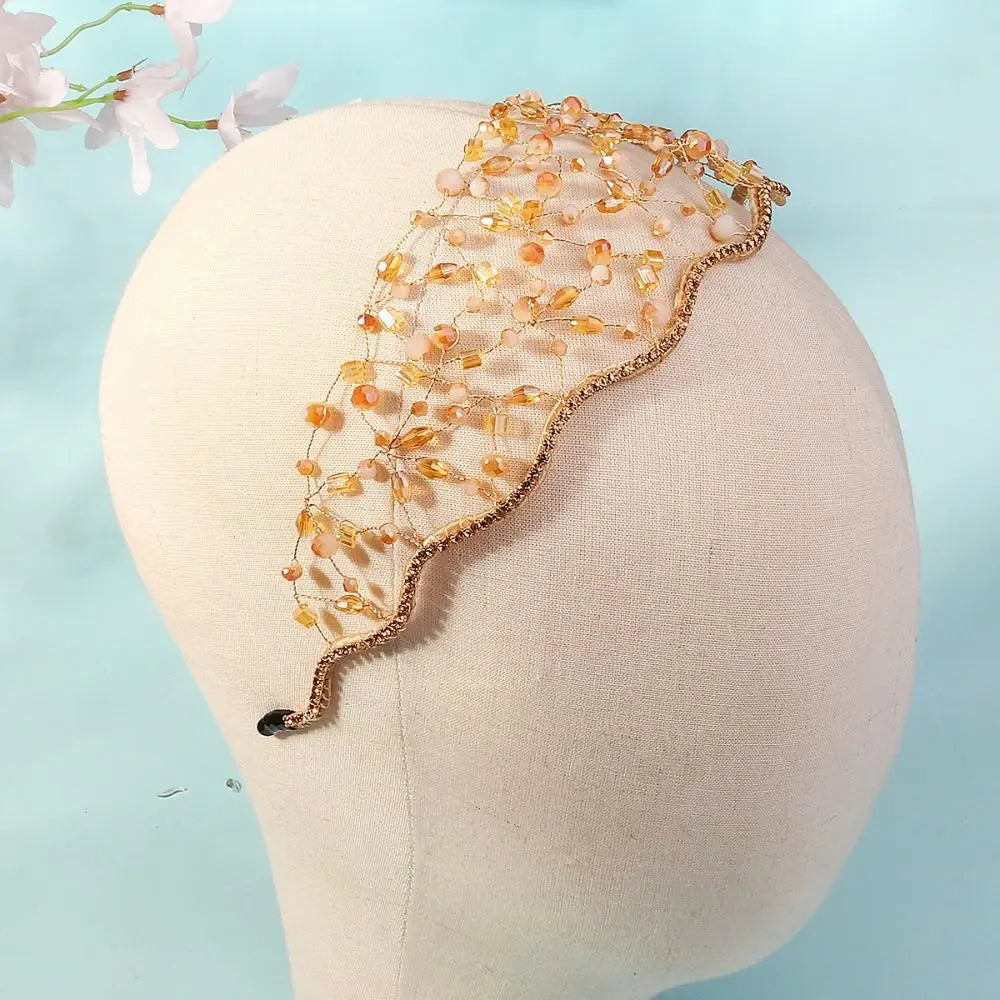 Handmade Crystal Beads Hair Net Crown Wedding Headpieces Hair Jewelry Sparkling Rhinestone Tiara Hair Hoop Elegant Headbands