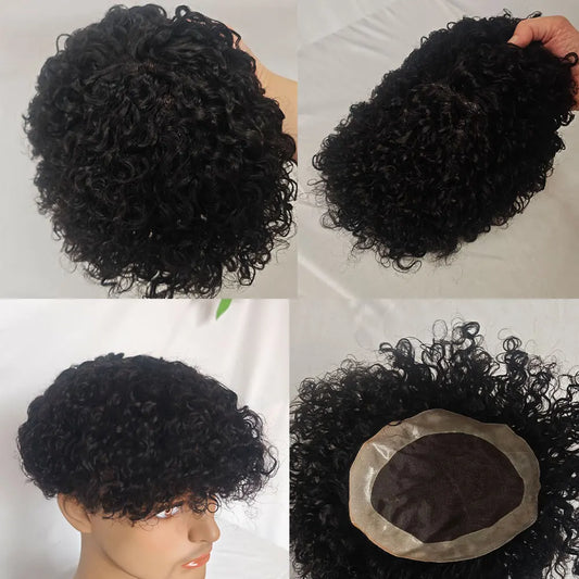 Human Hair Men Toupee Franch Lace Man's Hair Replacement System Wigs Mono Lace Hairpiece With PU Natural Black Color