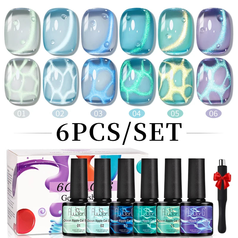 AWStorG 7.5ml Ocean Ripple Cat Eye Gel Kit Shiny Blue Green Glitter Cat Magnetic Gel Nail Polish Soak Off UV Nail Art Varnish