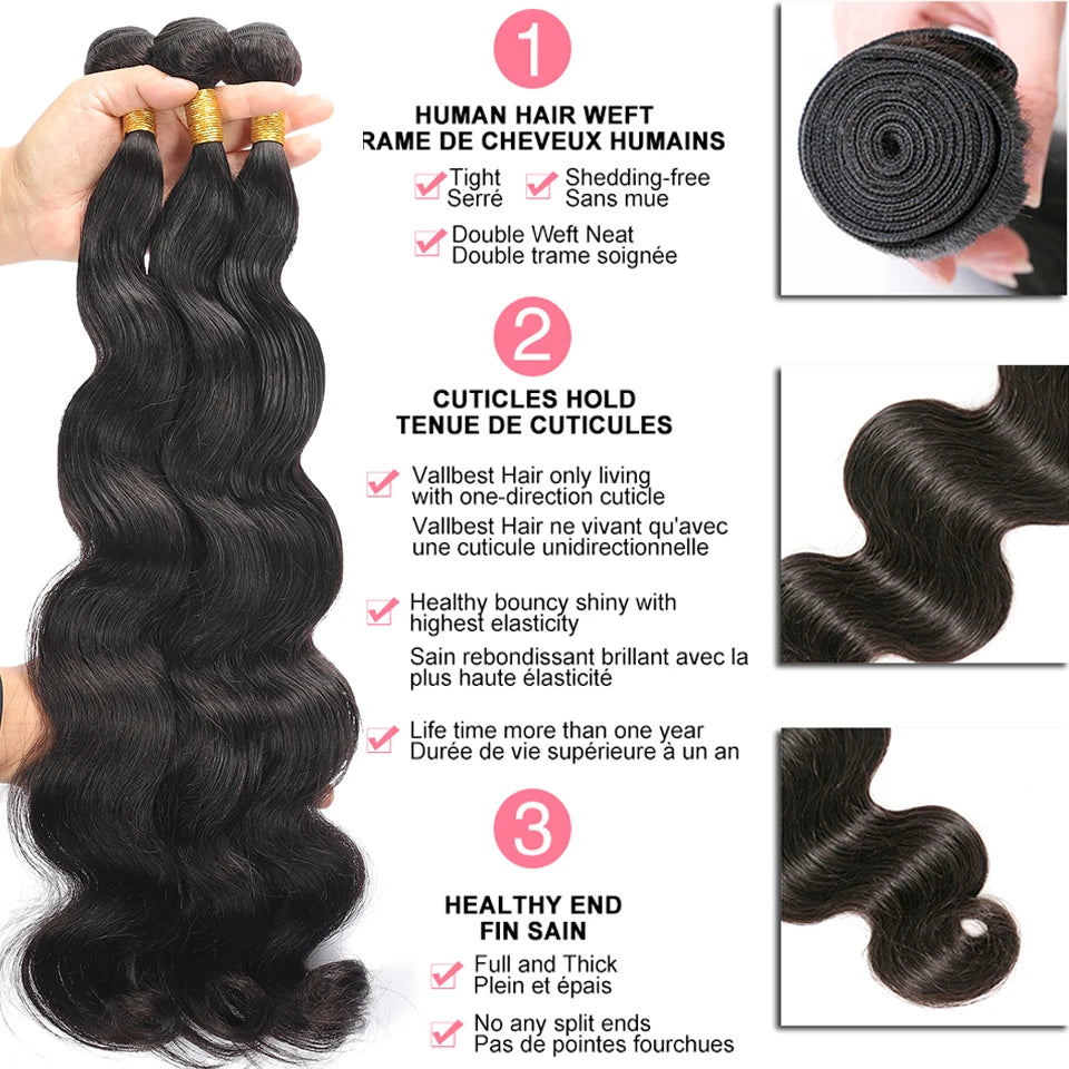 Body Wave Bundles Human Hair Indian Hair Weave Bundles 1/3/4 Pcs Bundles Natural Black 10-30 Inch Remy Hair Extensions Tissage