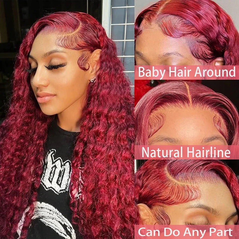 Curly Burgundy 13x6 Hd Lace Front Human Hair Wig Red Wigs For Women Transparent Lace 5x5 13x4 Deep Wave Frontal Wig 99j