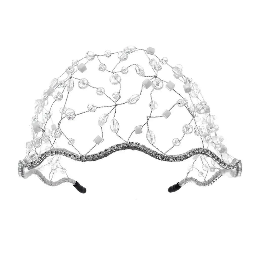 Handmade Crystal Beads Hair Net Crown Wedding Headpieces Hair Jewelry Sparkling Rhinestone Tiara Hair Hoop Elegant Headbands