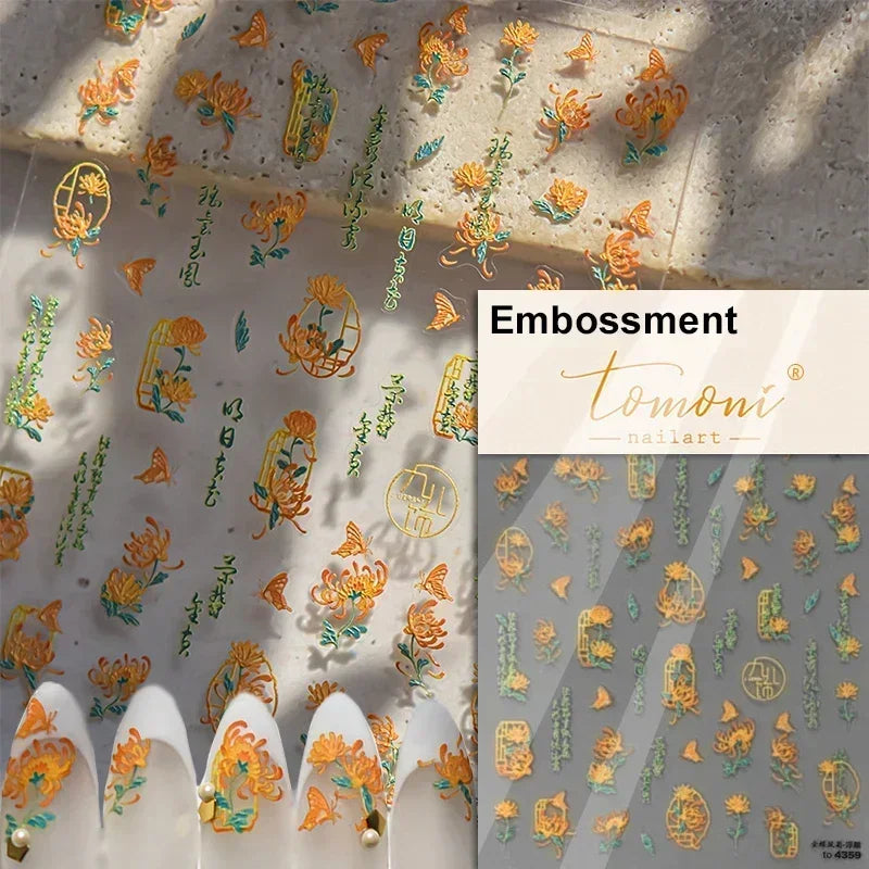 Yellow Autumn Osmanthus Flower Chrysanthemum Butterfly 5D Nail Art Sticker Chinese Character Vase Relief Adhesive Manicure Decal