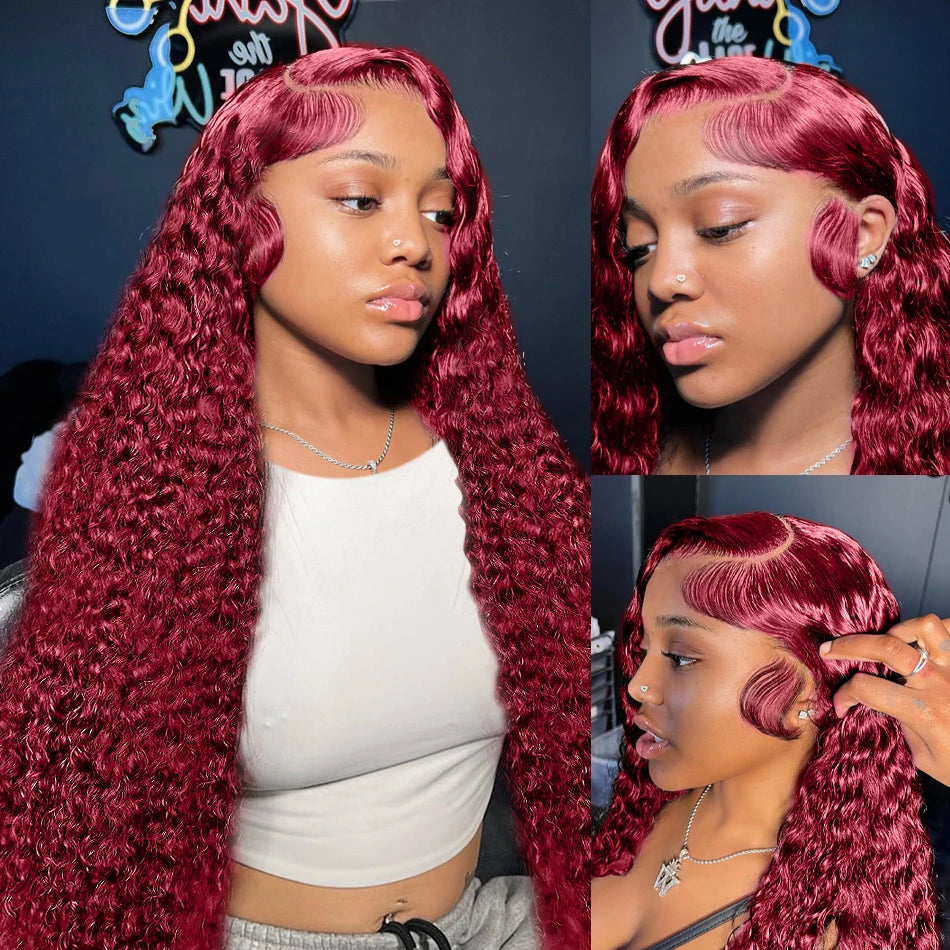 Curly Burgundy 13x6 Hd Lace Front Human Hair Wig Red Wigs For Women Transparent Lace 5x5 13x4 Deep Wave Frontal Wig 99j