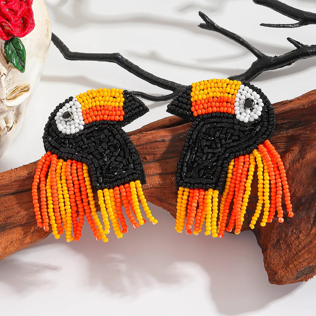 ZAA Exaggerated Rice Beads Bird Dangle Earrings For Women Bohemia Handmade Beaded Tassel Charm Earrings Orange Halloween Jewelry