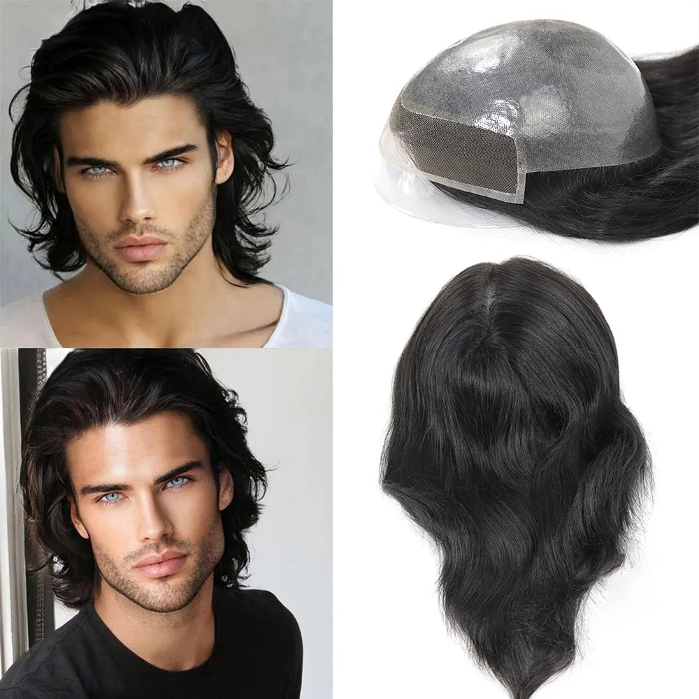 12Inch Long Hair Prosthesis Lace Front PU Toupee for Men Human Hair Natural Hairline Man's Wig Replacement System Black Brown
