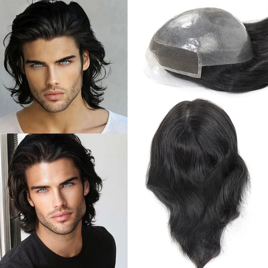 12Inch Long Hair Prosthesis Lace Front PU Toupee for Men Human Hair Natural Hairline Man's Wig Replacement System Black Brown