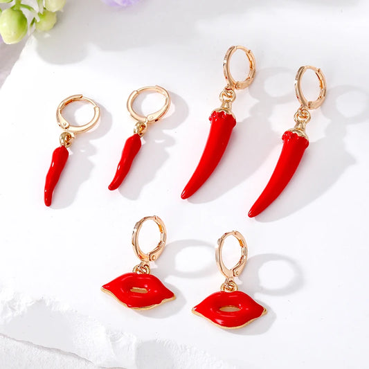 3Pair Sexy Red Lips Hot Pepper Earrings Set For Women Metal Enamel Trendy Creative Chili Mini Circle Hoop Earring Party Jewelry