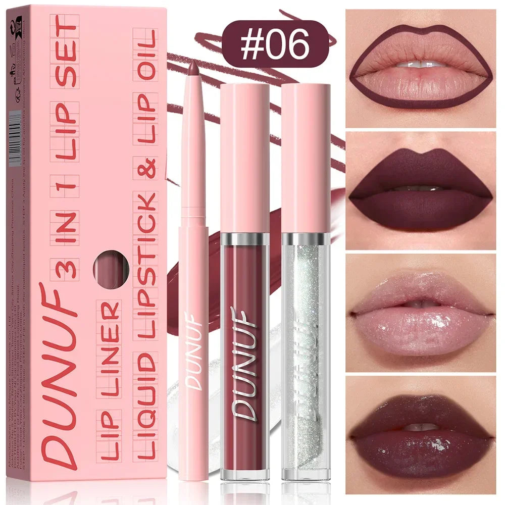 DUNUF 3 In 1 Matte Lipglaze Lip Liner Moisturize Clear Lip Oil Set Cosmetics Waterproof Long lasting Plumer Mirror Lips Gloss