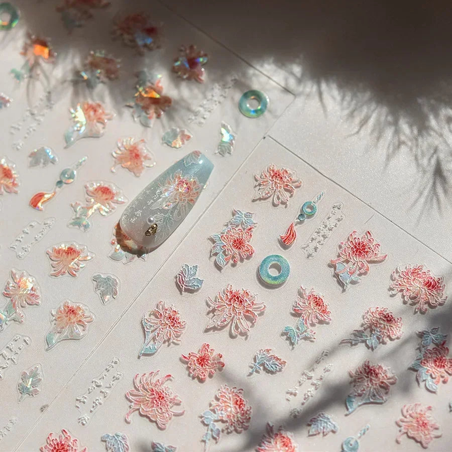 Yellow Autumn Osmanthus Flower Chrysanthemum Butterfly 5D Nail Art Sticker Chinese Character Vase Relief Adhesive Manicure Decal