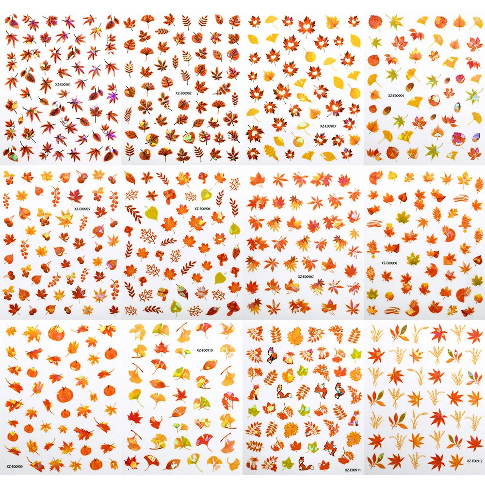 12Pcs Fall Maple Leaf Nail Decals Holographic Laser Maple Leaves Nail Art Sticker Self-Adhesive Thanksgiving Day Nail Decoration